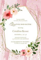 Polygonal frame and blush flowers - Quinceañera Invitation